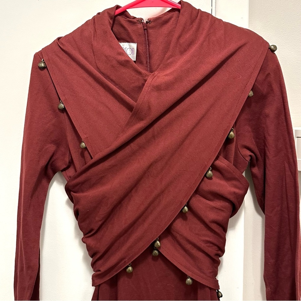 Vintage Oberon Maroon Wrap Surplus Top Fit Flare Midi Dress 6 Gold Bell Charms